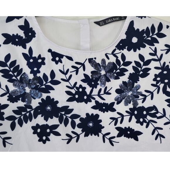 Zara Basic Shirt Womens Medium Sequins Ruffled Modern French Sleek Clean Blouse - Picture 2 of 8